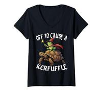 Donna off to Cause a Kerfuffle Funny Whimsical Frog Wizard Turtle Maglietta con Collo a V
