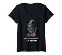 Donna off to Commit Tom Foolery - Divertente Gatto Strega Halloween Maglietta con Collo a V