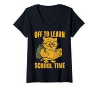 Donna off To Learn School Time Owl Student Reading Maglietta con Collo a V