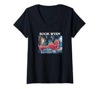 Donna Offworld Designs Book Wyrm Funny Dragon's Lair Reading Nook Maglietta con Collo a V