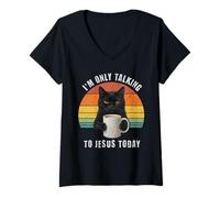 Donna Oggi Parlo Solo con Gesù Grumpy Black Cat Coffee Maglietta con Collo a V