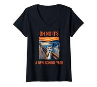 Donna Oh no, è un gatto del nuovo anno scolastico con umorismo viso sorpreso Maglietta con Collo a V