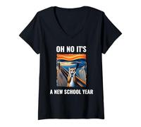 Donna Oh no, è un gatto del nuovo anno scolastico con umorismo viso sorpreso Maglietta con Collo a V
