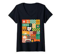Donna Ohio Patchwork Quilt Modern Midwest Pride Vintage Inspired Maglietta con Collo a V