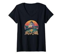 Donna Okayama Castle Japan Travel Souvenir giapponese Kanji Retro Maglietta con Collo a V