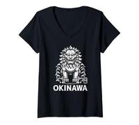 Donna Okinawa Shisa Lion Dog Guardian Giappone Kanji Souvenir Maglietta con Collo a V