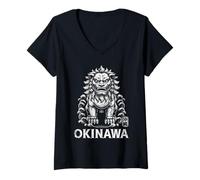 Donna Okinawa Shisa Lion Dog Guardian Giappone Kanji Souvenir Maglietta con Collo a V