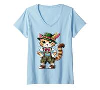 Donna Oktoberfest Gatto Divertente Tedesco Bavarese Lederhosen Cat Lover Maglietta con Collo a V