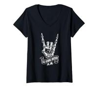 Donna Old School Rocker Skeleton Mano Rock Horns Design Maglietta con Collo a V