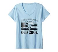 Donna Old Soul New World, Bandiera Americana, Patriottico, Teschio Paese Maglietta con Collo a V