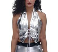 Donna olografico Lucido Crop Top Scintillante Paillette Halter Profondo V Collo Cami Y2k maglietto Senza Maniche per Il Club Rave Dance Argento L