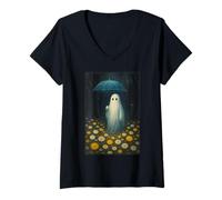 Donna Ombrello Fantasma Camicia Foresta Pioggia Spooky Ottobre Maglietta con Collo a V