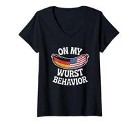 Donna On My Wurst Behavior Oktoberfest Funny German American Flags Maglietta con Collo a V