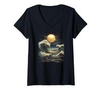 Donna Onda Blu Luna Piena Mistico Boho Strega Zen Donne All'aperto Maglietta con Collo a V