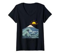 Donna Onda Giapponese e Monte Fuji e sol Levante Natura Tradizionale Maglietta con Collo a V