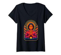 Donna Onde di Preghiera meditativa e Sole, Vibrante Arte illuministica Maglietta con Collo a V