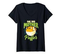 Donna One Bad Mother Puffer Hilarious & Cute Puffer Fish Maglietta con Collo a V