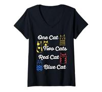 Donna One Cat Two Cats Red Cat Blue Cat Funny Daying Citazione Maglietta con Collo a V