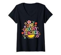 Donna One Groovy Teacher Retro School Vibes Citazione positiva Maglietta con Collo a V