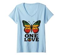Donna One Love Butterfly Rasta Reggae Pace Rastafari Roots Retro Maglietta con Collo a V