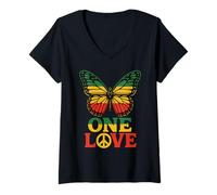 Donna One Love Butterfly Rasta Reggae Pace Rastafari Roots Retro Maglietta con Collo a V