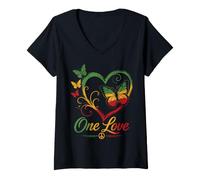Donna One Love Butterfly Rasta Reggae Peace Rastafari Roots Cuore Maglietta con Collo a V