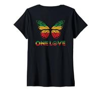 Donna One Love Butterfly Rasta Reggae Peace Rastafari Roots Maglietta con Collo a V