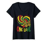 Donna One Love Rasta Cuore Farfalla Reggae Roots Jamaica Style Maglietta con Collo a V