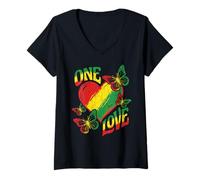 Donna One Love Rasta Cuore Rosso Giallo Verde Reggae Radici Farfalla Maglietta con Collo a V