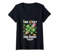 Donna One Lucky 2nd Grade Teacher Shamrock St Patricks Day School Maglietta con Collo a V