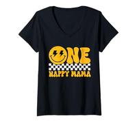 Donna One Mama Happy 1st Birthday Groovy Smile 1 anno Old Women Maglietta con Collo a V