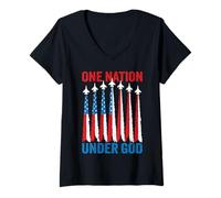Donna One Nation Under God 4 luglio Uomini American Flag Fighter Jet Maglietta con Collo a V