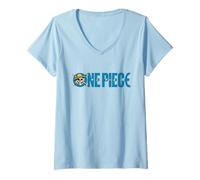 Donna One Piece Luffy Jolly Roger Blue Logo Maglietta con Collo a V
