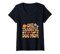Donna One Thankful Dog Mom Ringraziamento Maglietta con Collo a V