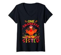 Donna One Thankful Sister Turkey Fall Autumn Thanksgiving Maglietta con Collo a V