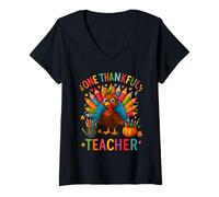 Donna One Thankful Teacher Thanksgiving Cute Color Pencil Turkey Maglietta con Collo a V