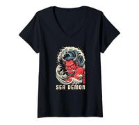 Donna Oni Giapponese Kanji Demon Retro Anime Giappone Souvenir Maglietta con Collo a V