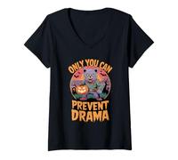 Donna Only You Can Prevent Drama Funny Camping Halloween Bear Maglietta con Collo a V