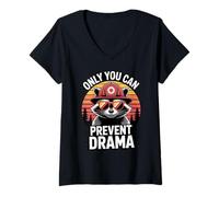Donna Only You Can Prevent Drama Funny Camping Raccoon Maglietta con Collo a V