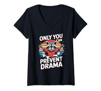 Donna Only You Can Prevent Drama Funny Camping Raccoon Retro Maglietta con Collo a V