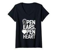 Donna Open Ears Open Heart Empatia Messaggio di ascolto Maglietta con Collo a V