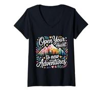 Donna Open Your Heart To New Adventures Esplora Il Viaggio - Maglietta con Collo a V
