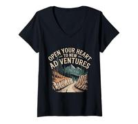Donna Open Your Heart To New Adventures Esplora Il Viaggio - Maglietta con Collo a V