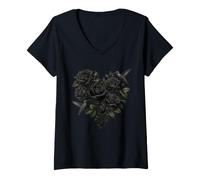 Donna Opera d'Arte Botanica Floreale Gotica Colibrì Rosa Nera Maglietta con Collo a V