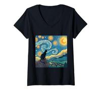 Donna Opera d'arte del gatto nero che osserva il cielo notturno stellato Maglietta con Collo a V