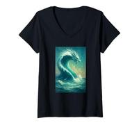 Donna Opera d'Arte Fantasy dinamica dello Stemma dell'onda del Drago dell'Oceano Maglietta con Collo a V