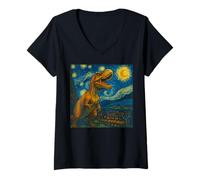 Donna Opera d'arte in stile Van Gogh di T-Rex Roar Starry Night Maglietta con Collo a V