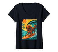 Donna Opera d'Arte retrò con Onde da Spiaggia, Cane Che Fa Surf, Love Dogs Maglietta con Collo a V