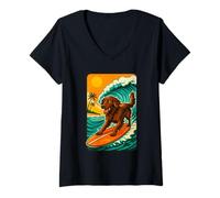 Donna Opera d'Arte retrò con Onde da Spiaggia, Cane Che Fa Surf, Love Dogs Maglietta con Collo a V