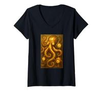 Donna Opera d'Arte Steampunk Octopus Clockwork Maglietta con Collo a V